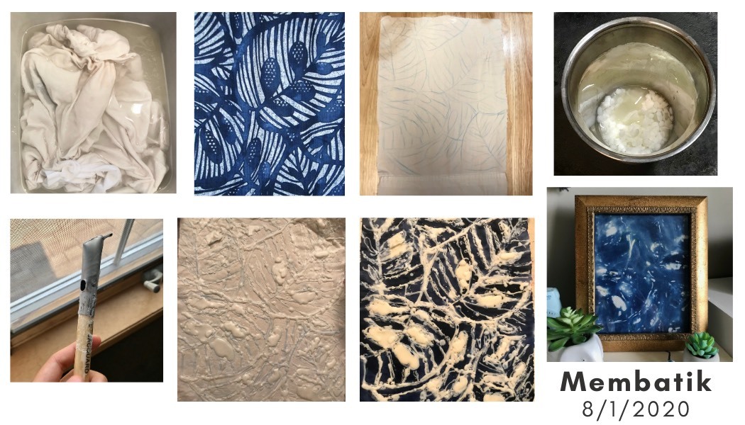 A collage of six different photos from Zoey's Indonesian program. The images are blue and white and show different parts of making batik. The images show paint brushes