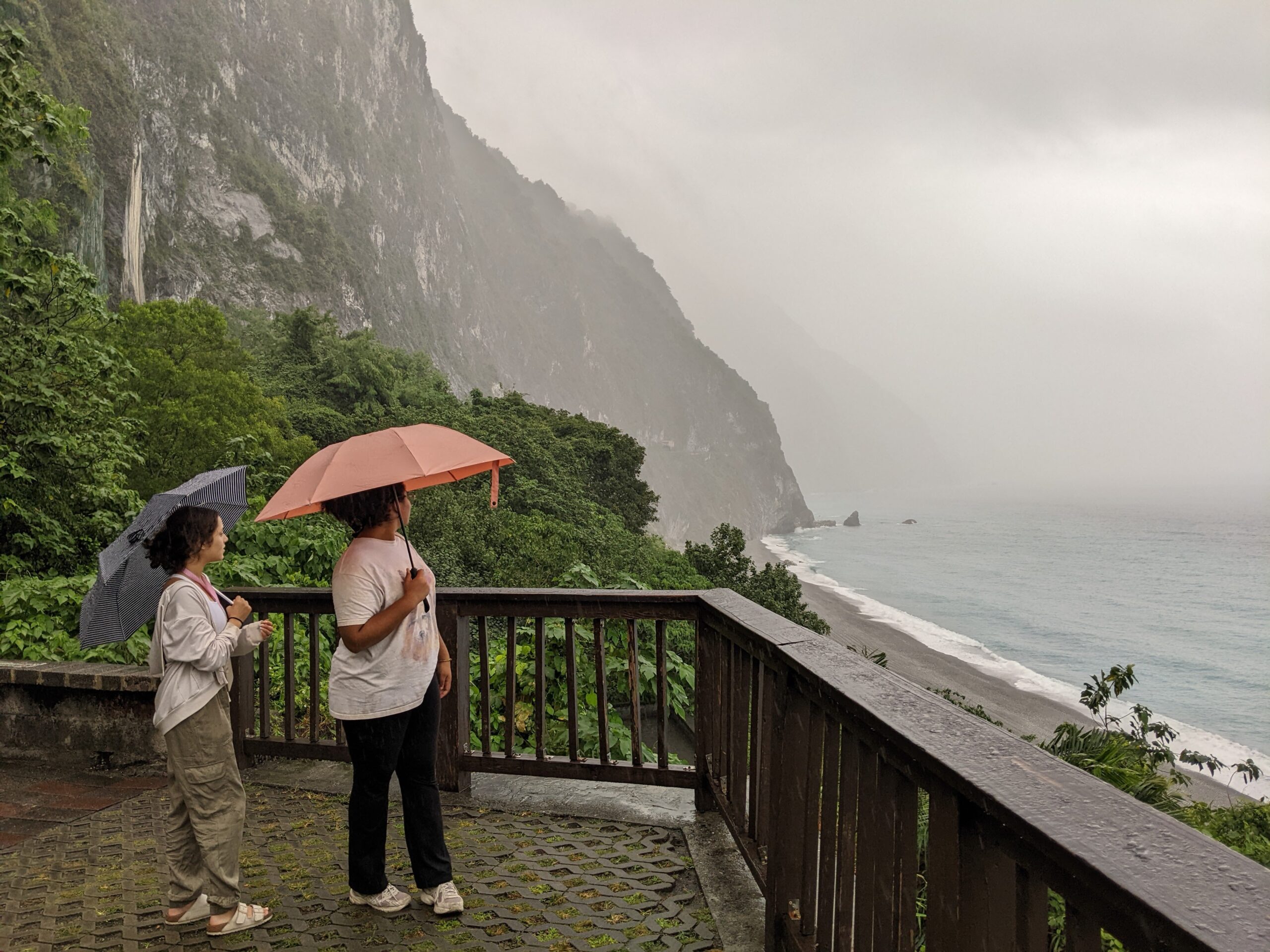 Two students stand with umbrellas looking at the ocean at the base of a cliff