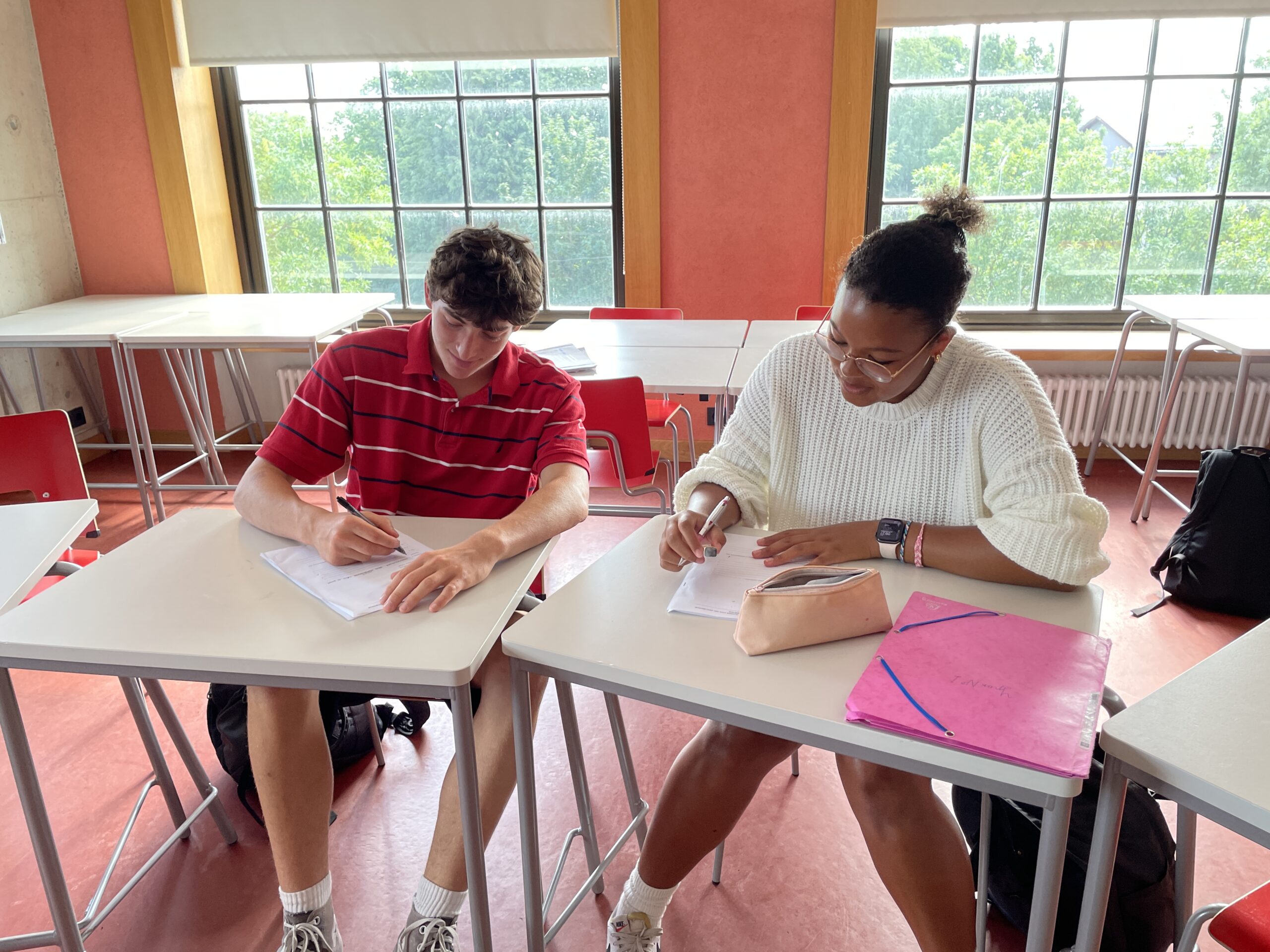 Two NSLI-Y students are working at white desks in front of windows.