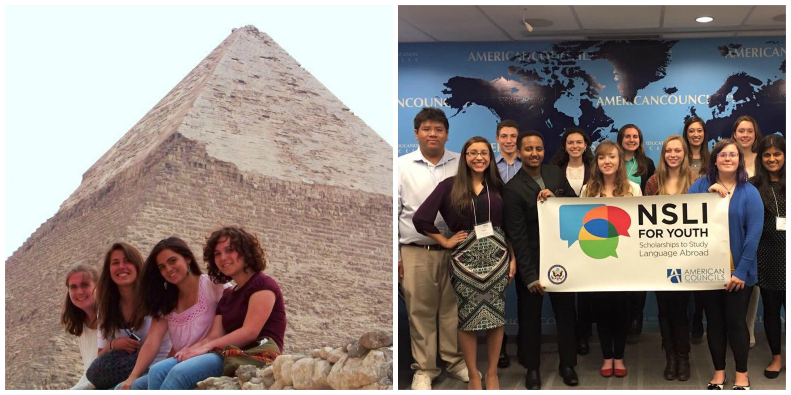 image of NSLI-Y alumni reps and picture of NSLI-Y alumni in front of pyramid