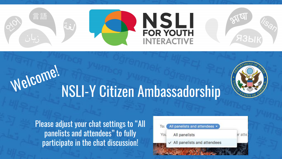Banner for the NSLI-Y Citizen Ambassadorship event. The banner is mostly blue and has the NSLI-Y logo at the very top.