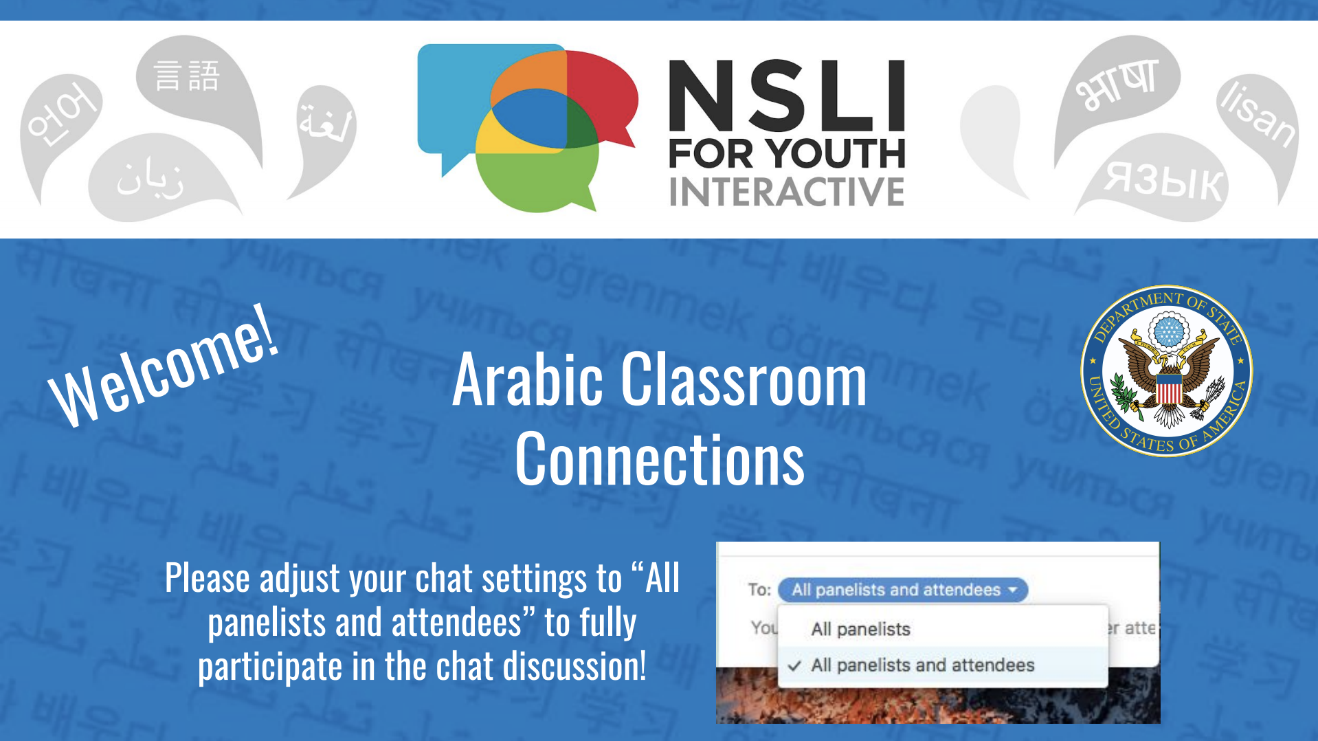 A banner image for the Arabic classroom connections event. The banner is mostly blue and has the NSLI-Y logo at the top.