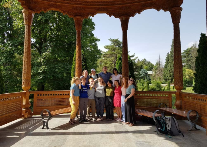 NSLI-Y Tajikistan students visiting a gazebo in a botanical garden