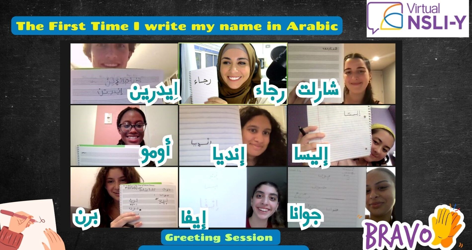 Virtual NSLI-Y Students hold up their names in Arabic during class