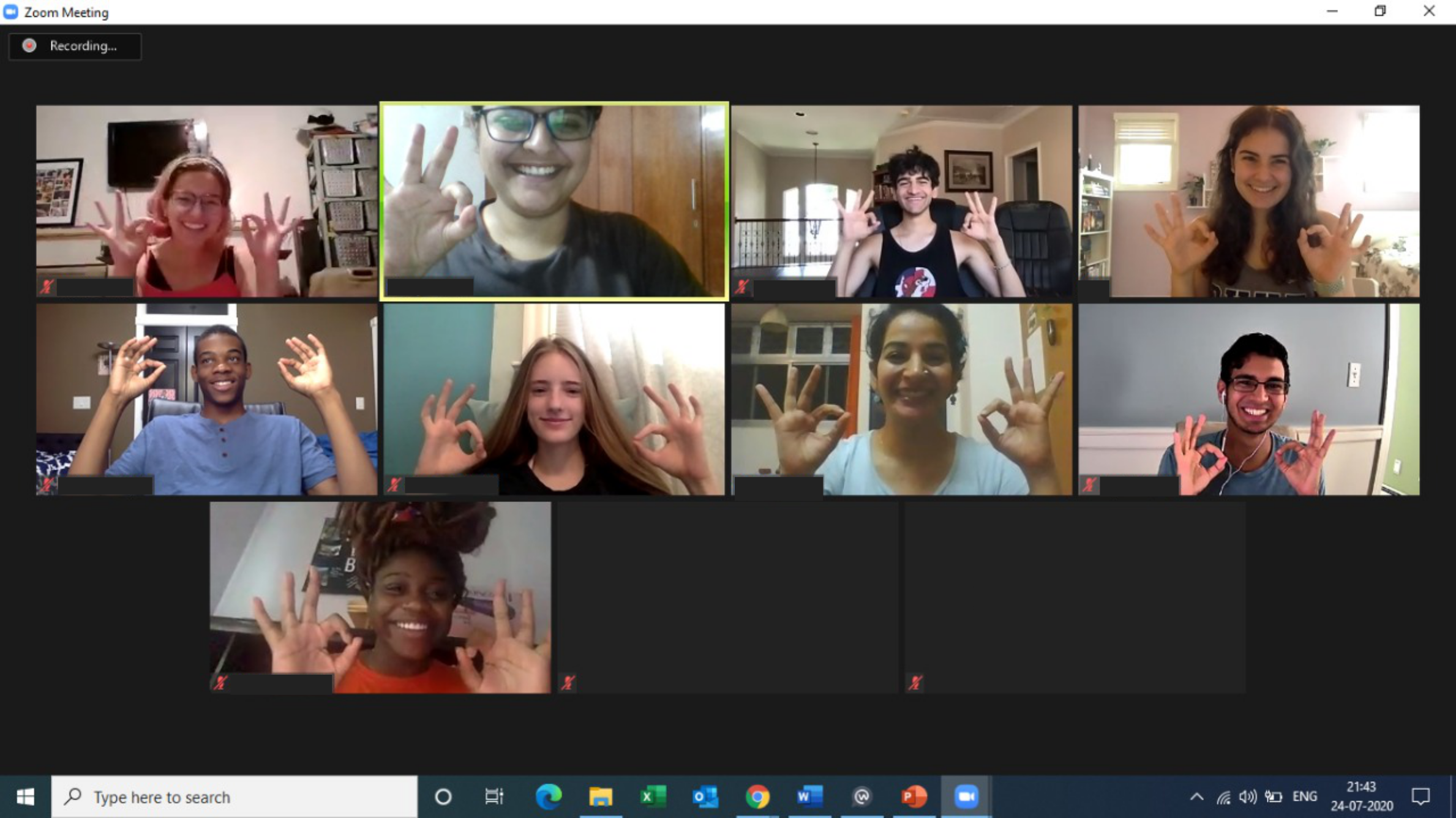 A photo from a video call where Caine and his NSLI-Y cohort are all smiling and posing for a photo