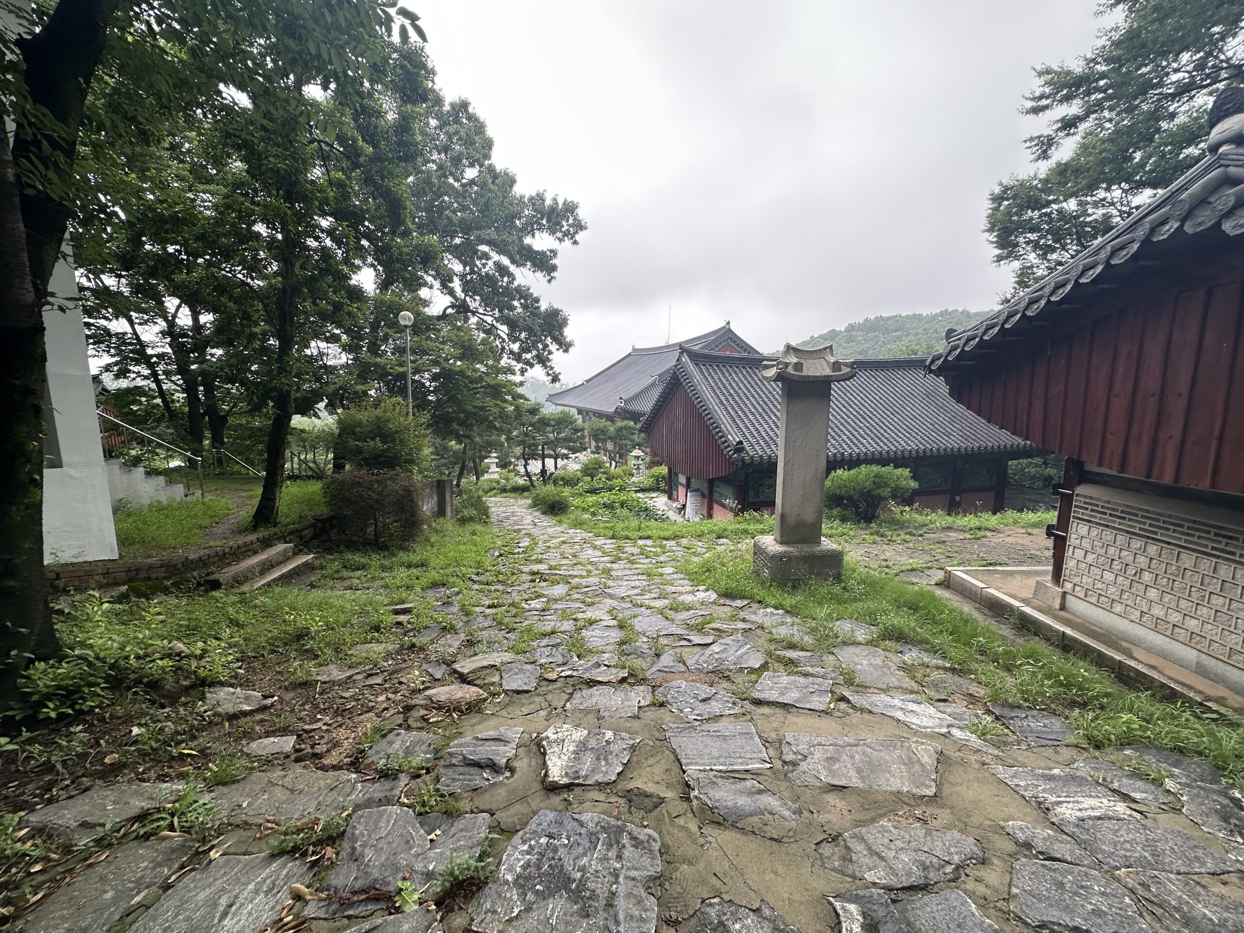 a stone paved path leads down towards some houses
