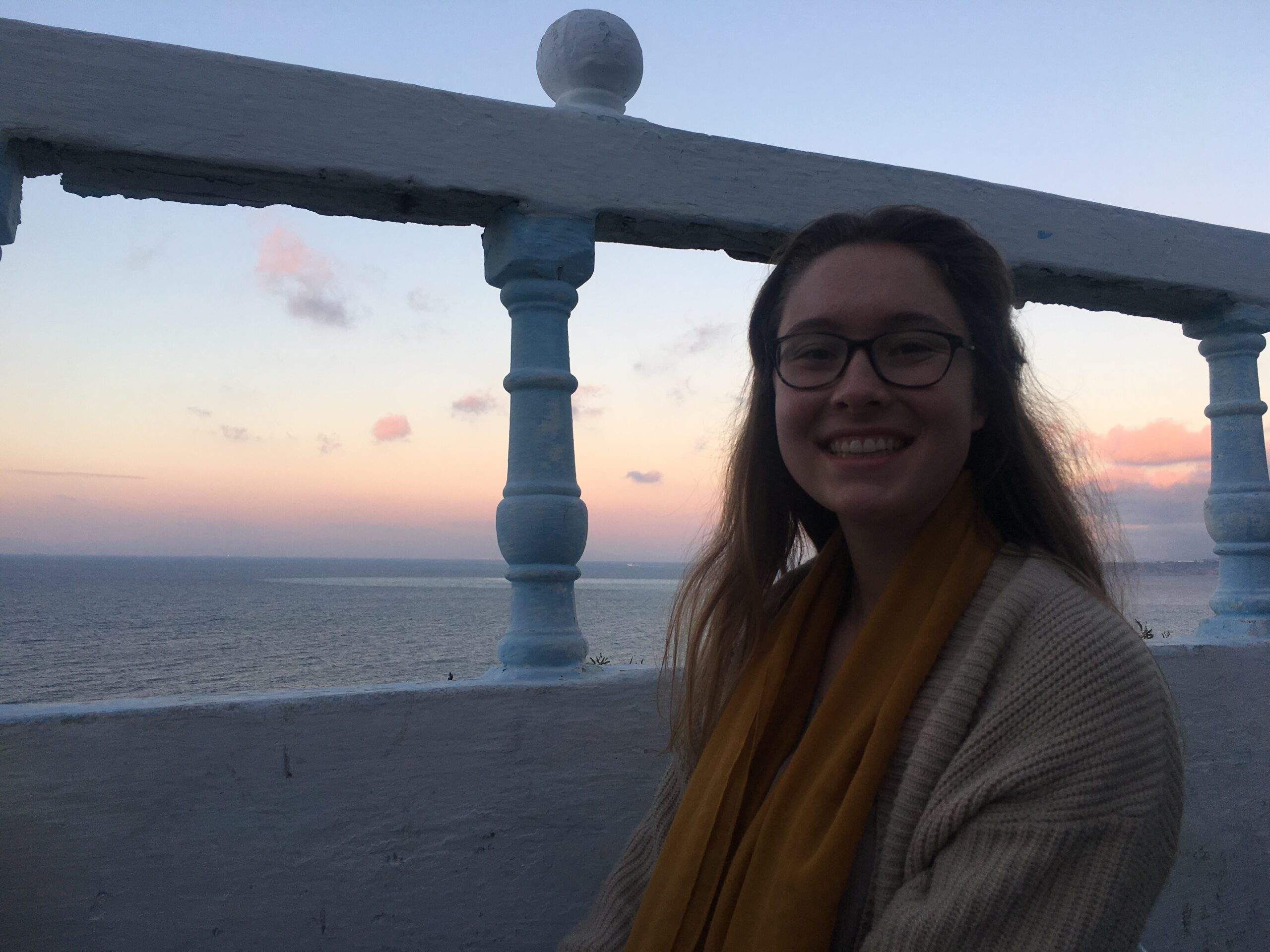 An image of Elise in front of a sunset